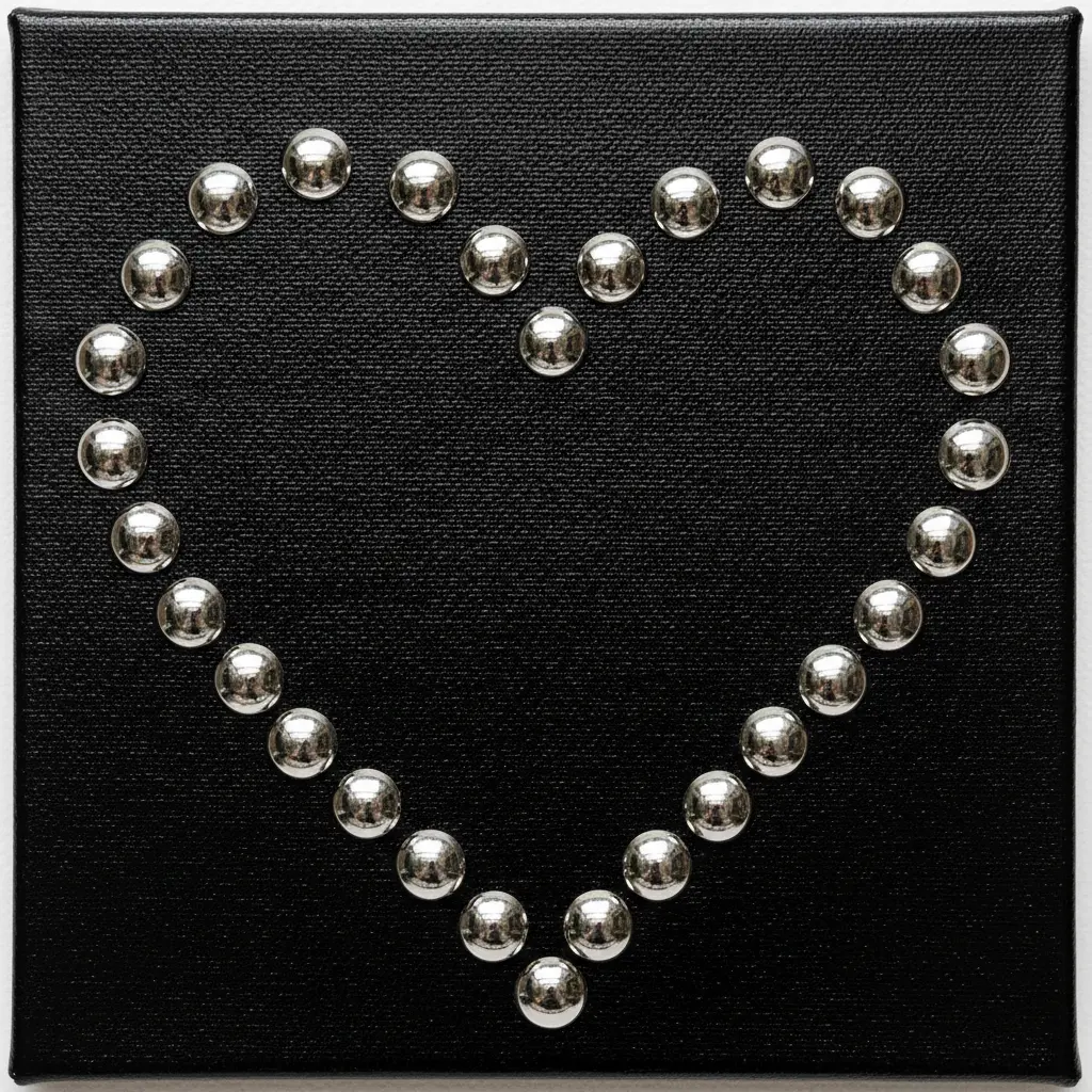 A glossy black canvas with a faux leather texture, featuring a heart shaped from rows of silver rivets.