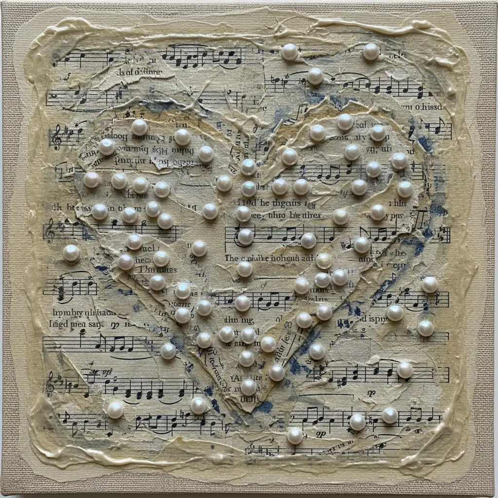 A canvas covered in torn book pages and sheet music with a central heart accented by pearl studs.