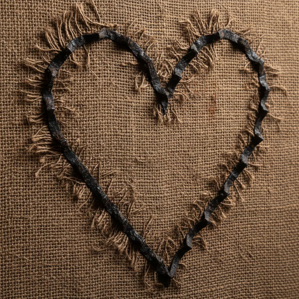 A heart made of dark metal spikes glued to a rough burlap background with frayed edges.