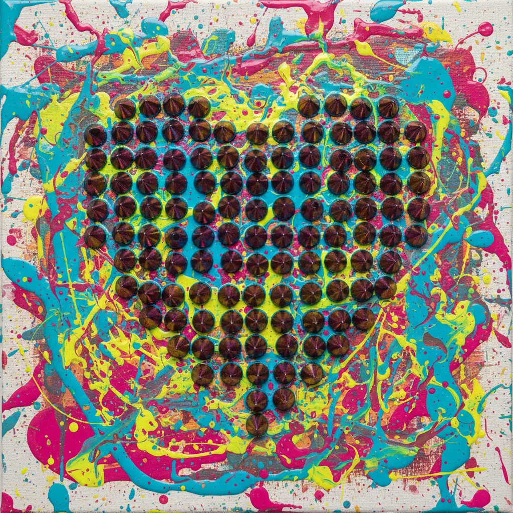 A canvas covered in bright splatter paint with a heart filled with multicolored cone studs.