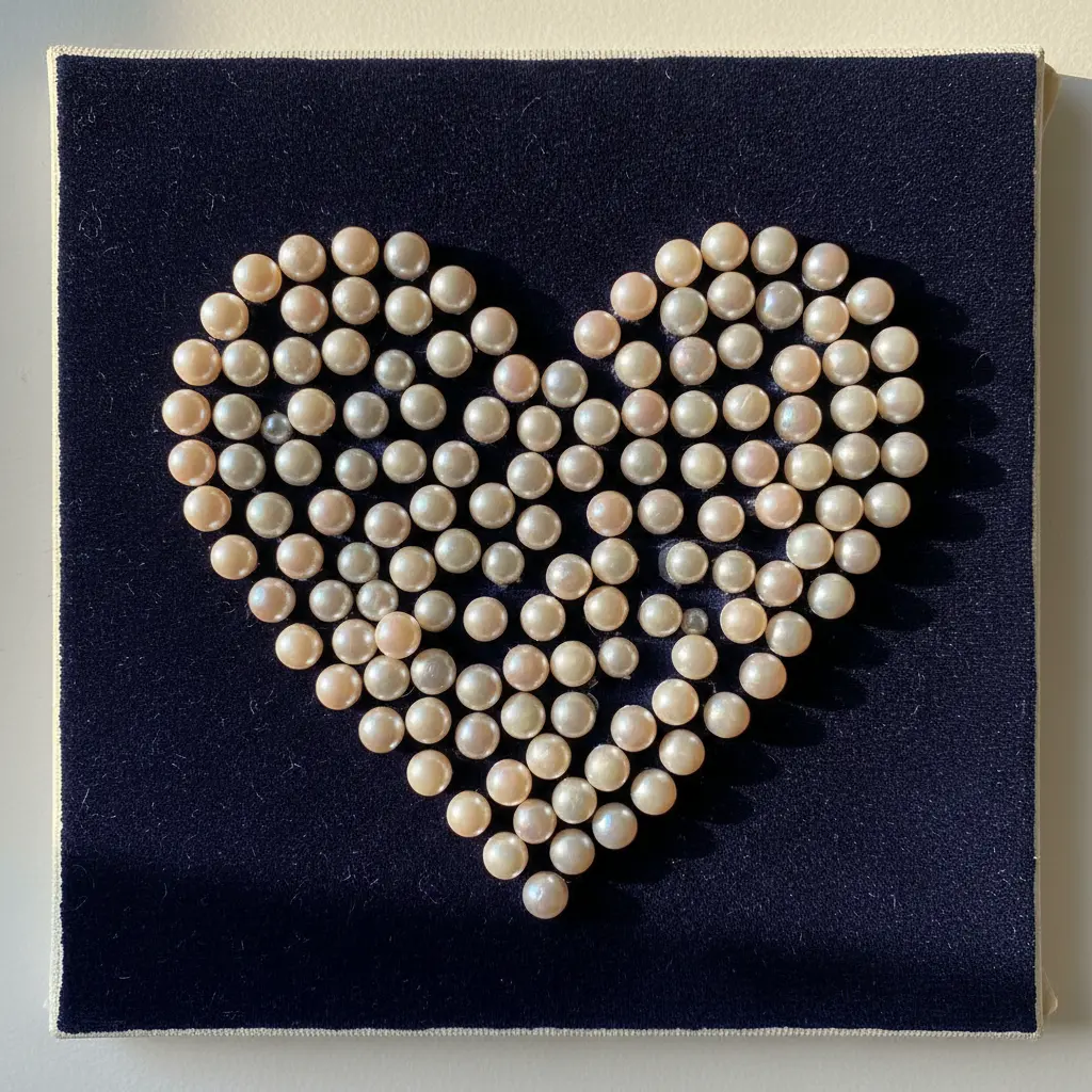 A deep navy velvet fabric stretched over canvas with a heart outlined by small pearl studs.