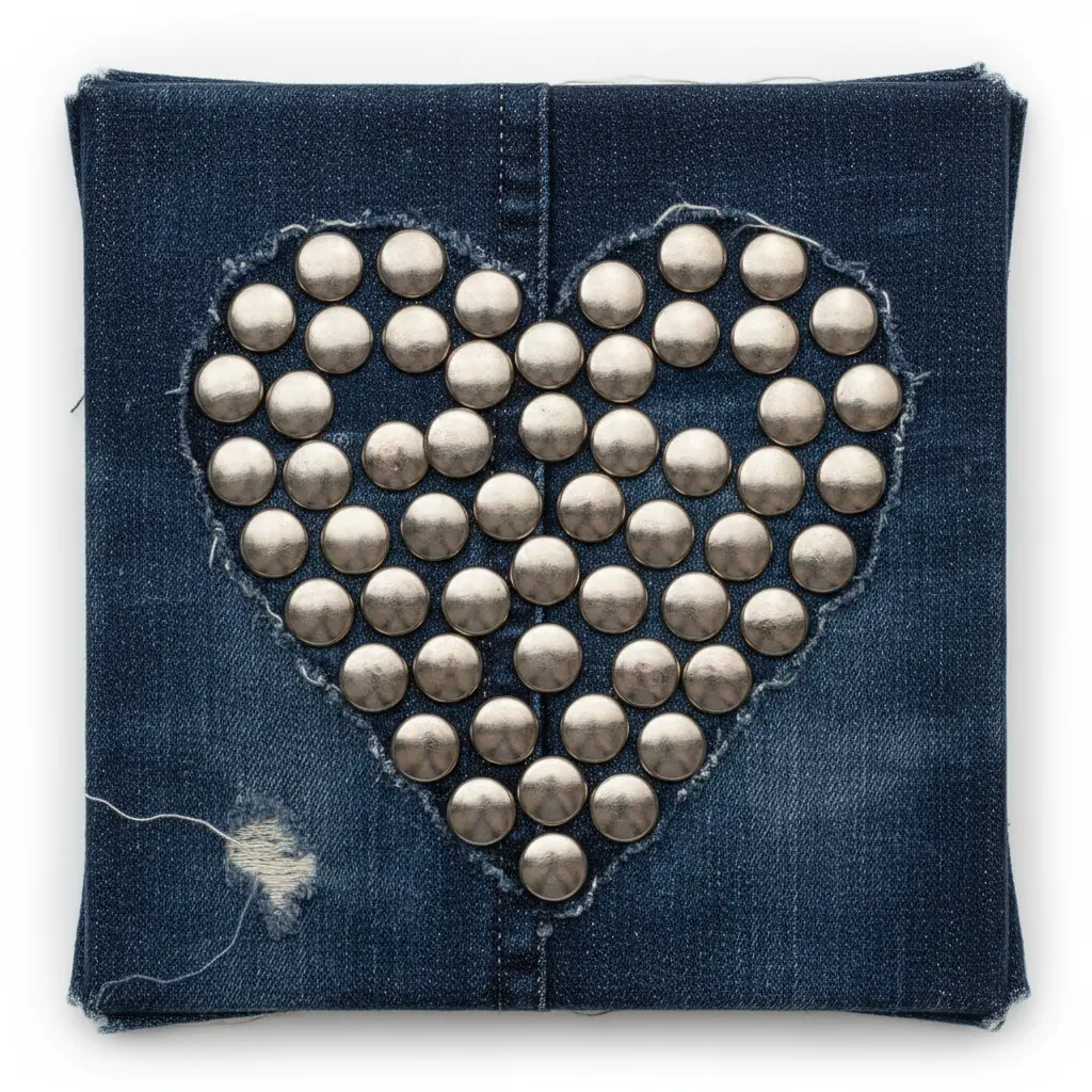 A reused denim background with a heart made of concentric rows of metal dome studs.