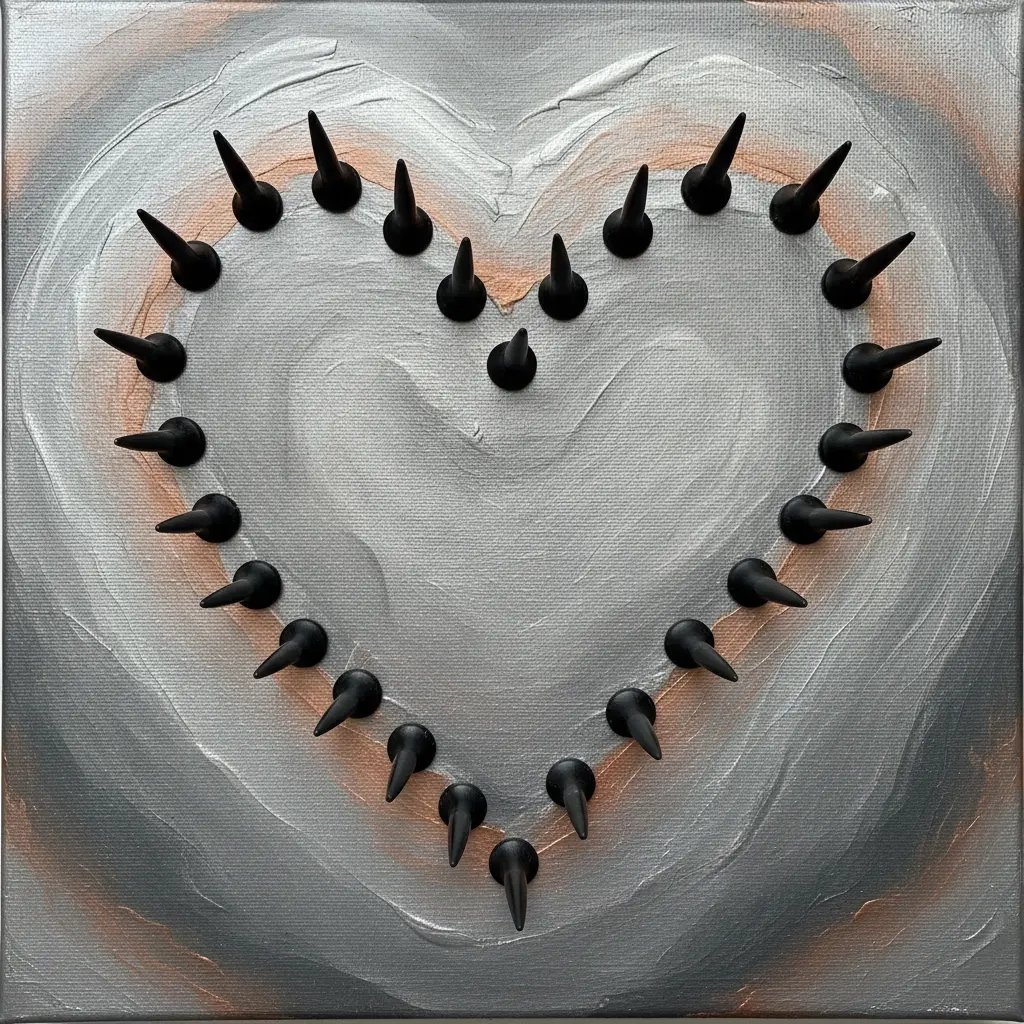 A canvas with silver and gold metallic paint washes, centered by a heart of unevenly placed metal spikes.