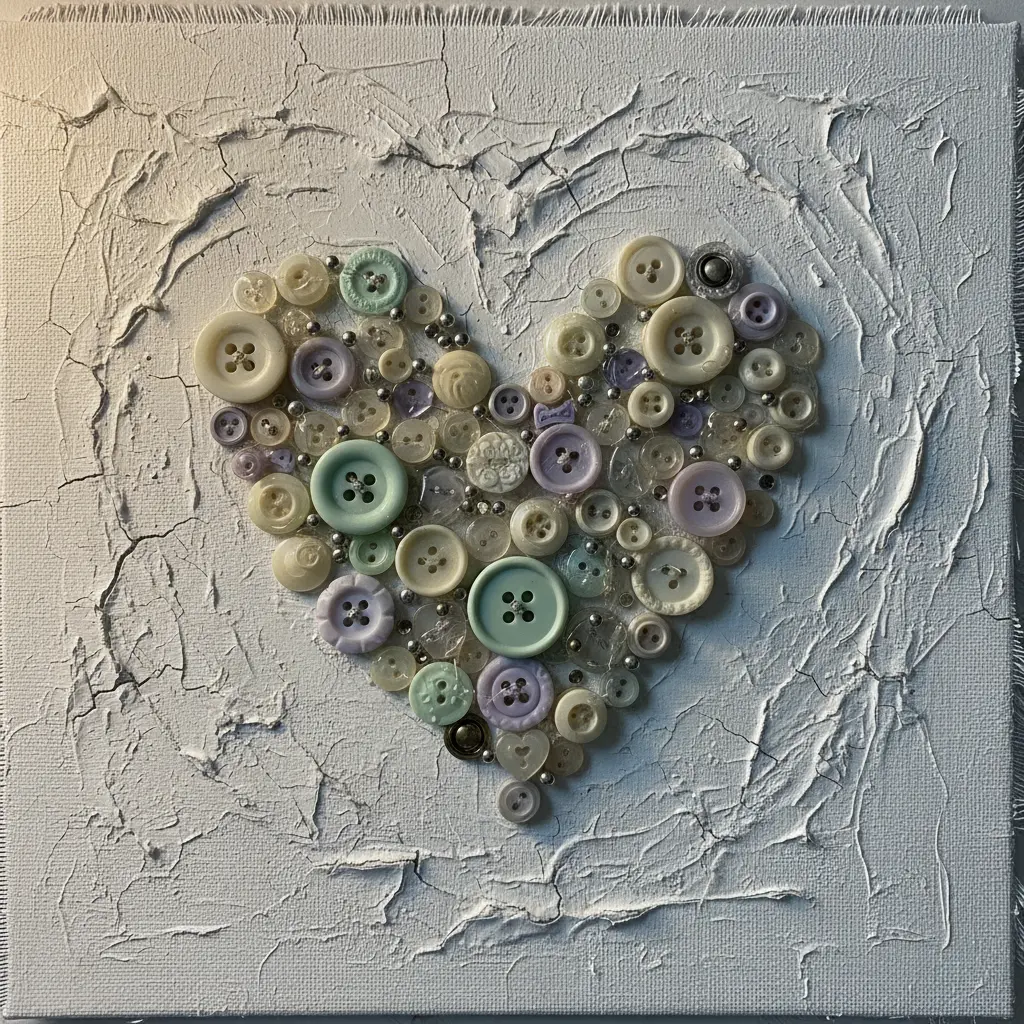 A heart made from assorted pastel buttons and small stud clusters on a cracked white canvas.