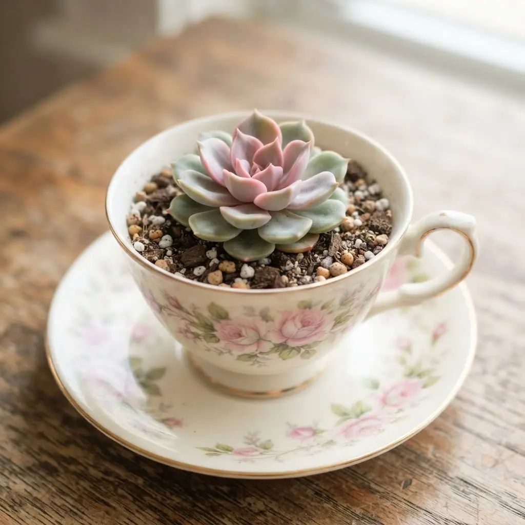 A soft pink Echeveria succulent planted in a delicate teacup with a classic floral pattern.