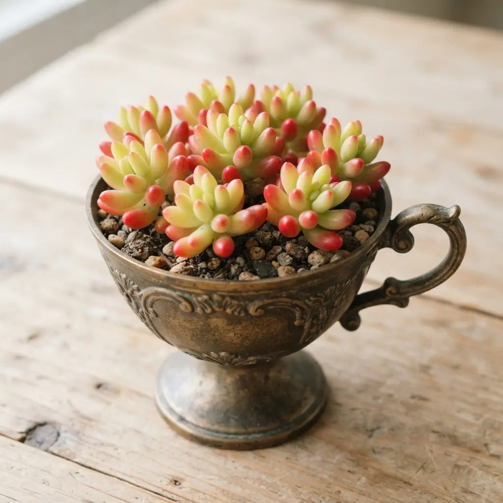 A Sedum rubrotinctum Jelly Bean plant with red-tipped leaves sits in an antique-style teacup on a small pedestal.