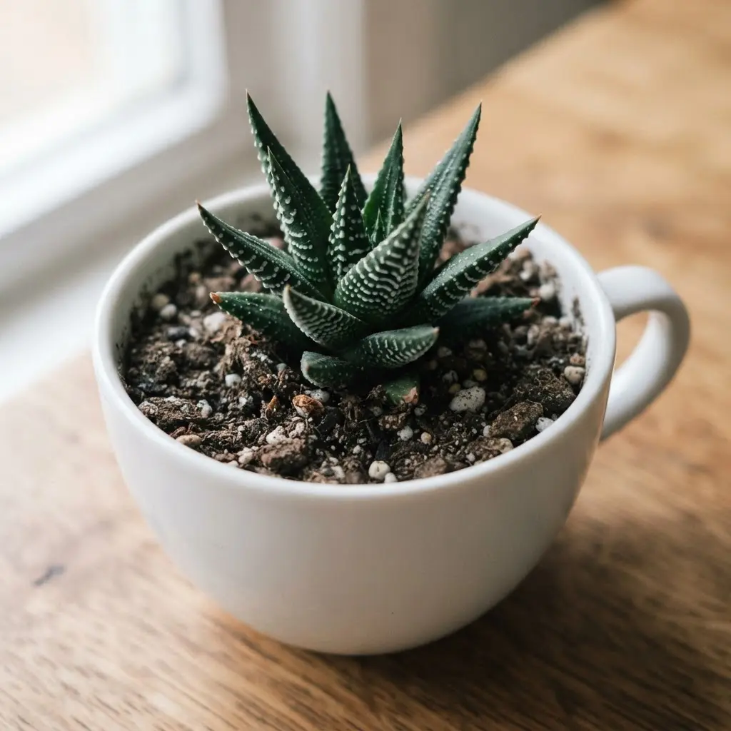 A geometric Haworthia plant with striped leaves sits in a simple, modern white teacup.
