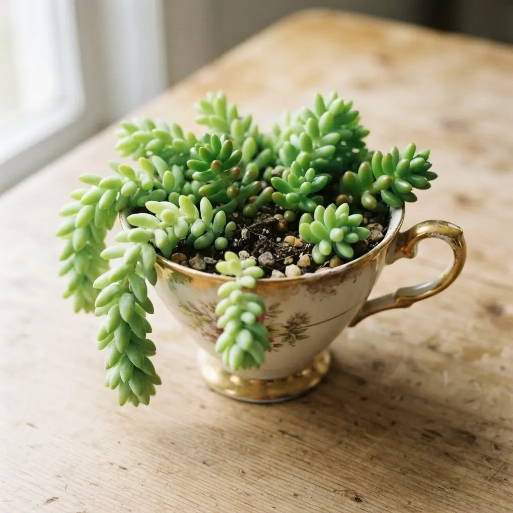 Lush, trailing Sedum succulents cascade from an elegant bone china teacup with a gold rim.