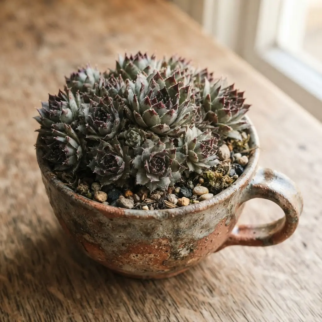 Several pointed Sempervivum succulents grouped together in a textured, earthy stoneware teacup.