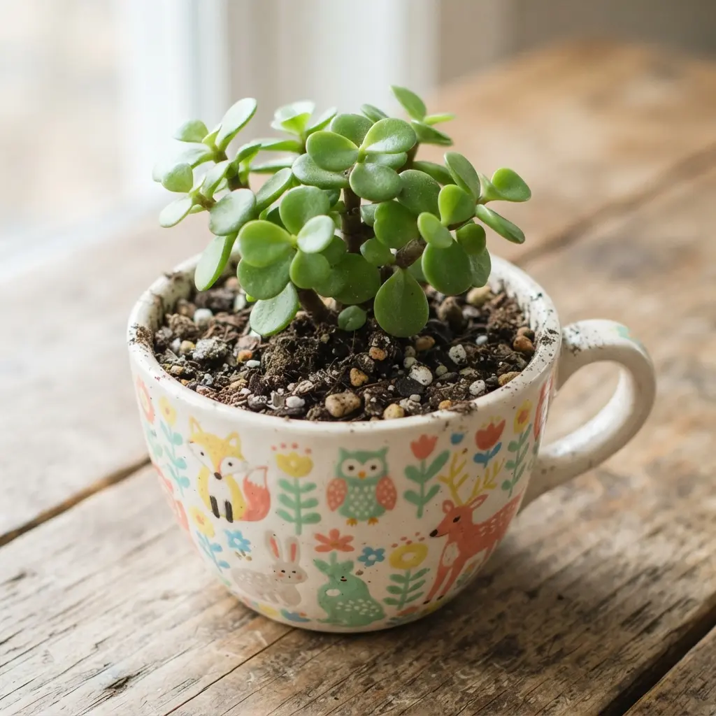A miniature Jade succulent with rounded leaves grows in a cheerful teacup featuring a whimsical animal pattern.