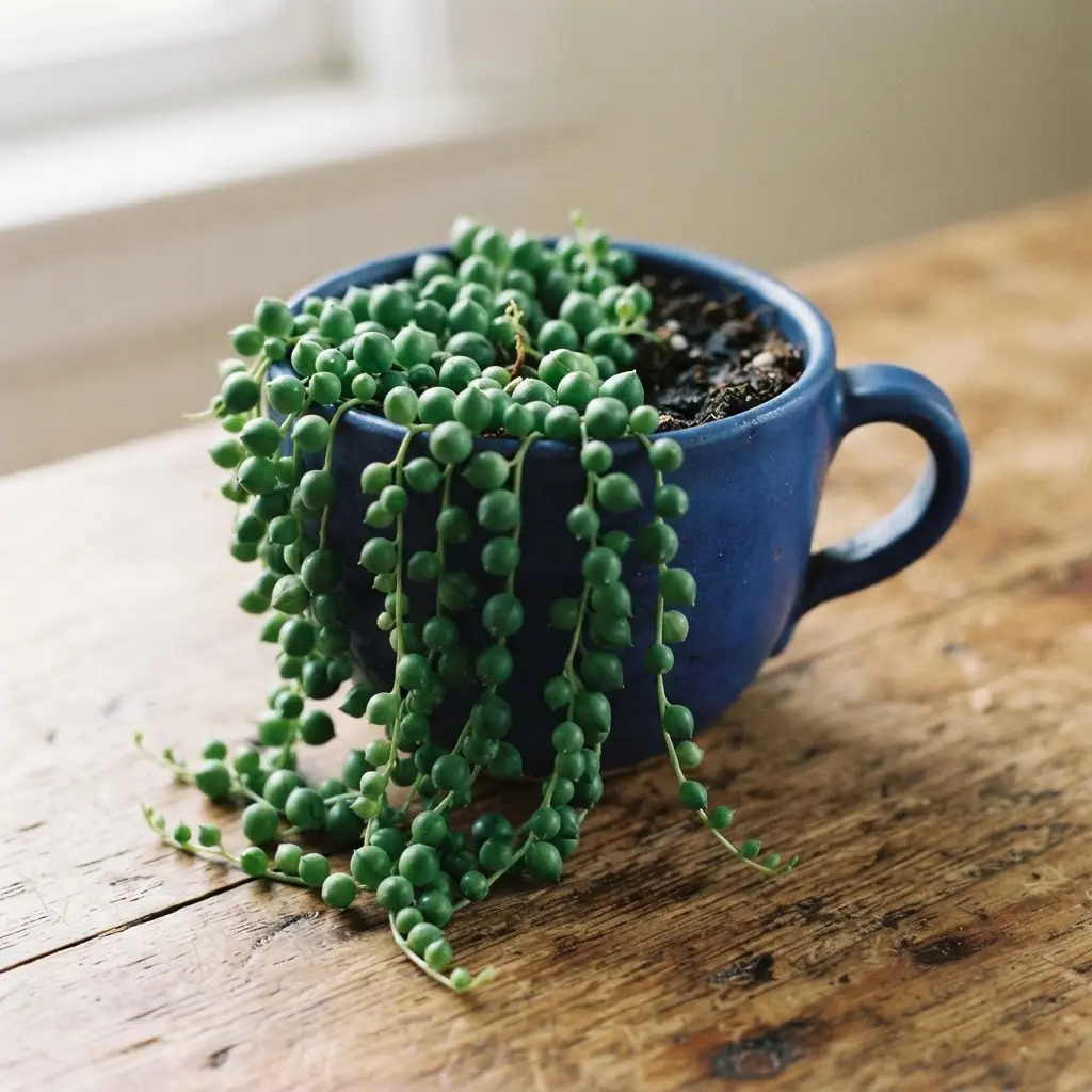 The bead-like vines of a String of Pearls succulent drape over the side of a vibrant blue ceramic teacup.