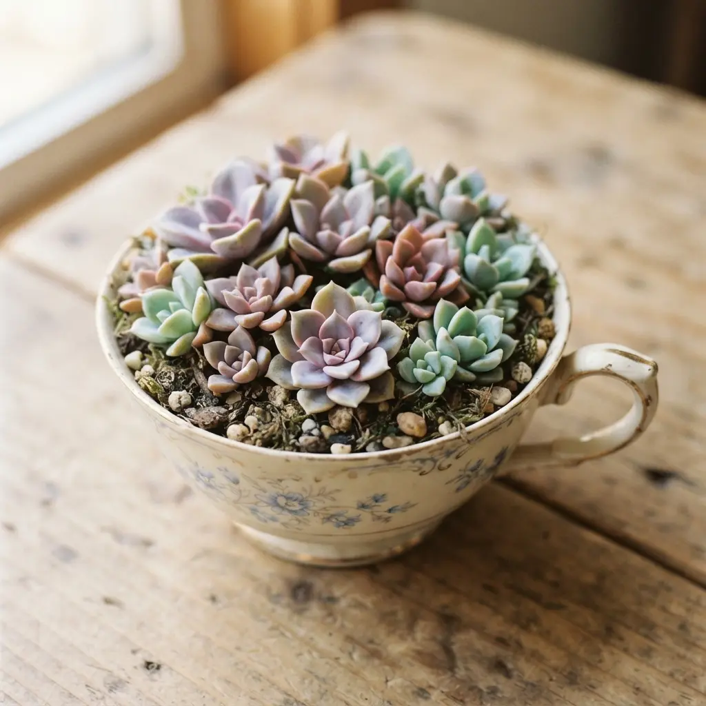 An assortment of small, colorful rosette succulents arranged like a miniature garden in a classic teacup.