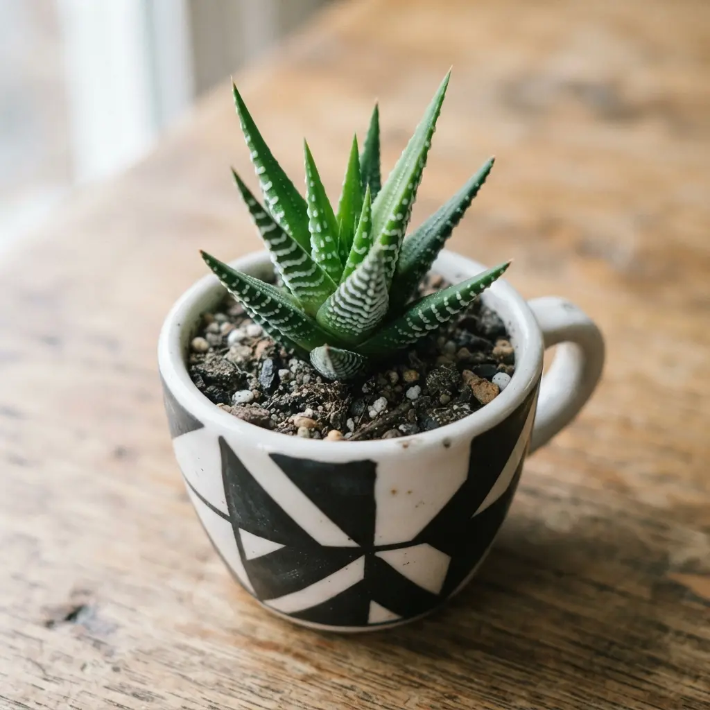 A bold, architectural Haworthia stands alone in a tiny espresso cup with a modern geometric pattern.