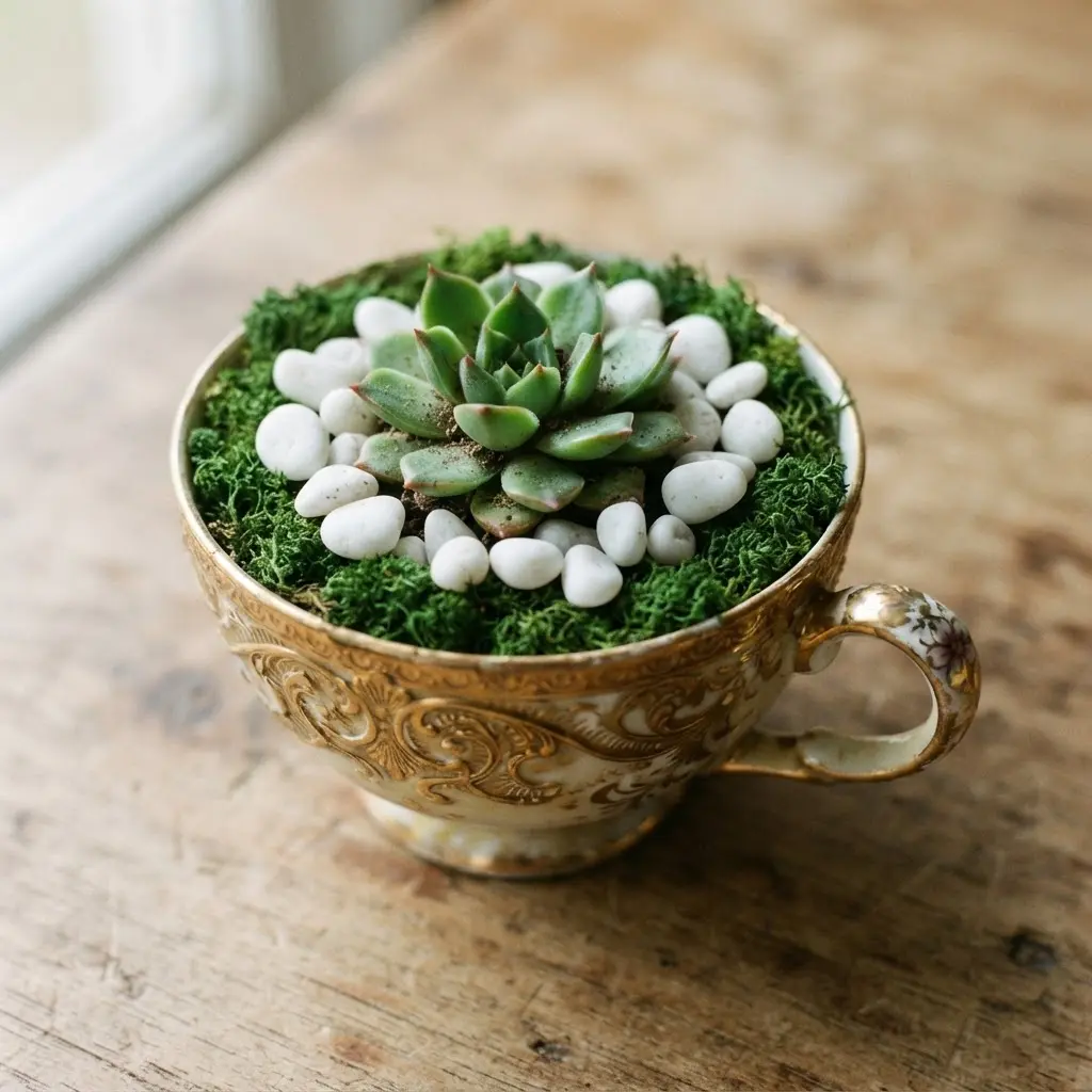 A small succulent centered in an ornate teacup, surrounded by a top dressing of green moss and white pebbles.