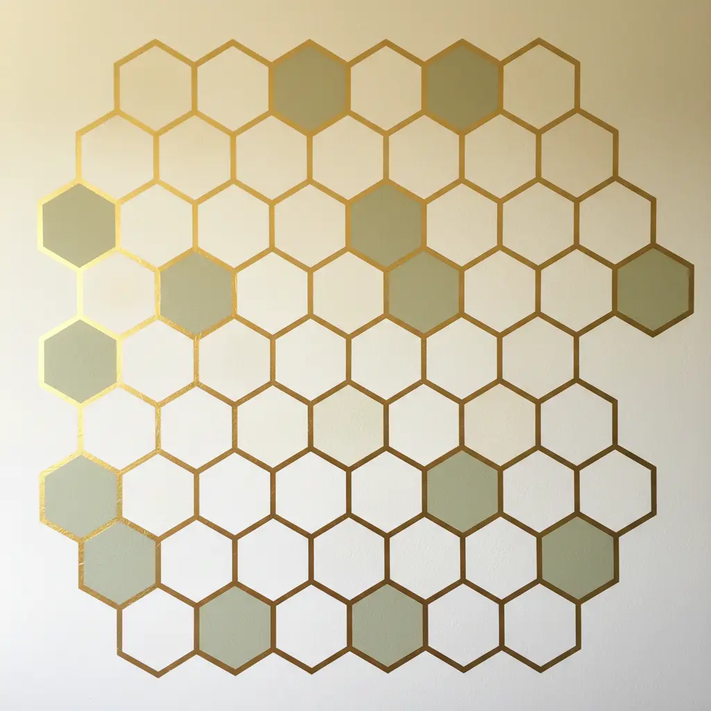 A connected hexagon honeycomb pattern in gold tape, covering a wall section with a natural geometric look.