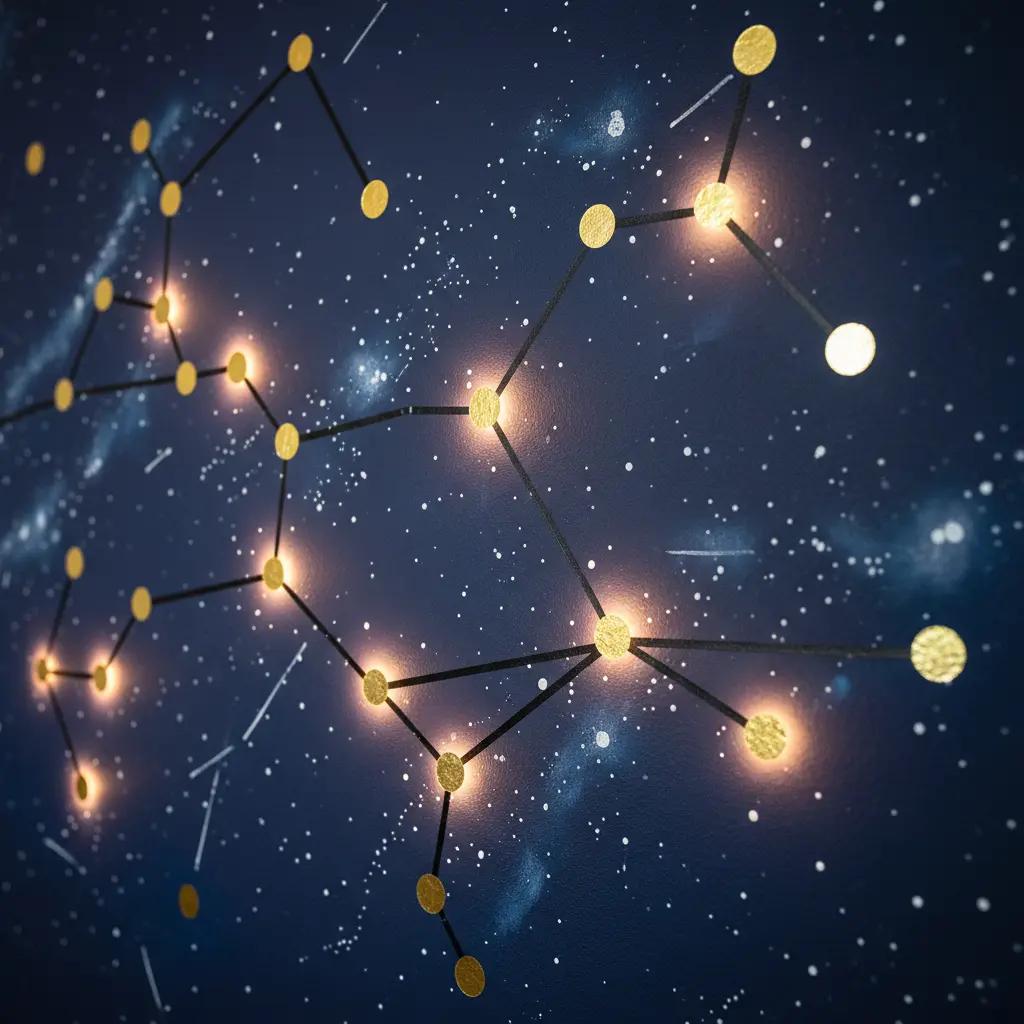 A constellation map design using small tape stars and connecting lines, resembling a celestial night sky.