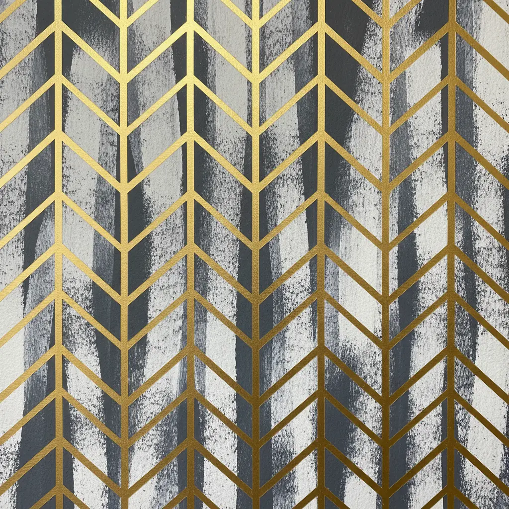 A wall featuring a metallic gold herringbone pattern made with tape, catching the light for a glamorous look.