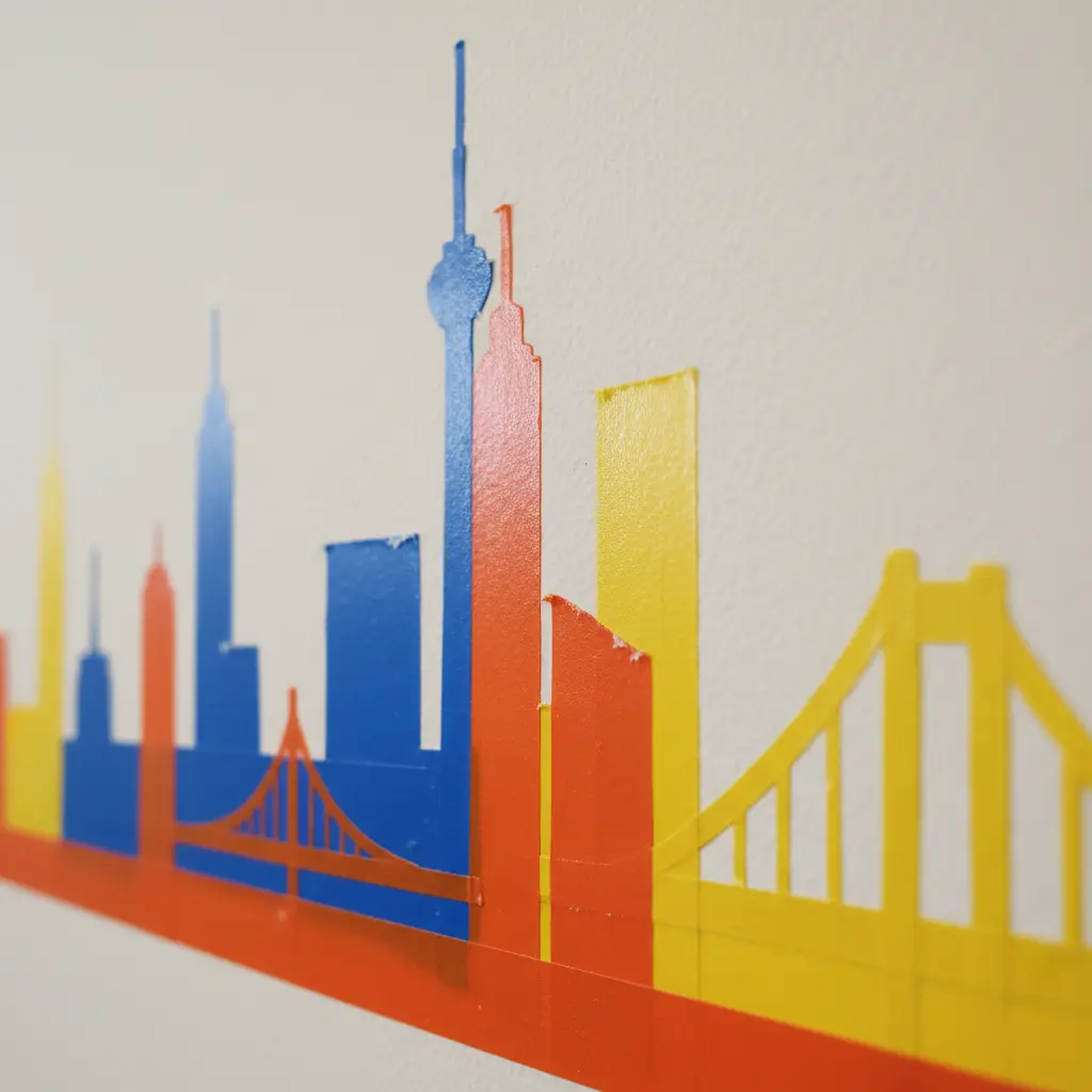 A vibrant city skyline silhouette made using colorful electrical tape, with buildings and a sunset background effect.