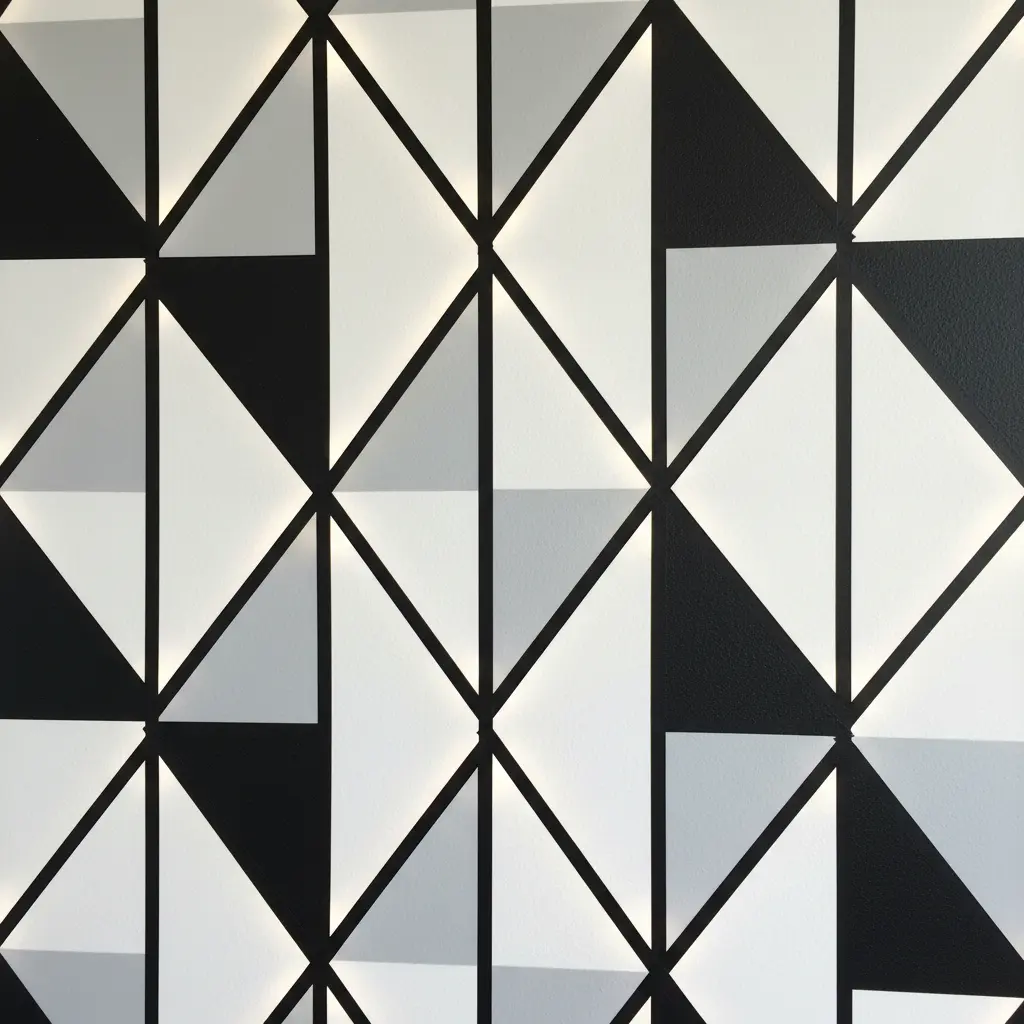 An accent wall with a repeating interlocking diamond pattern created with black tape, adding a dynamic focal point.