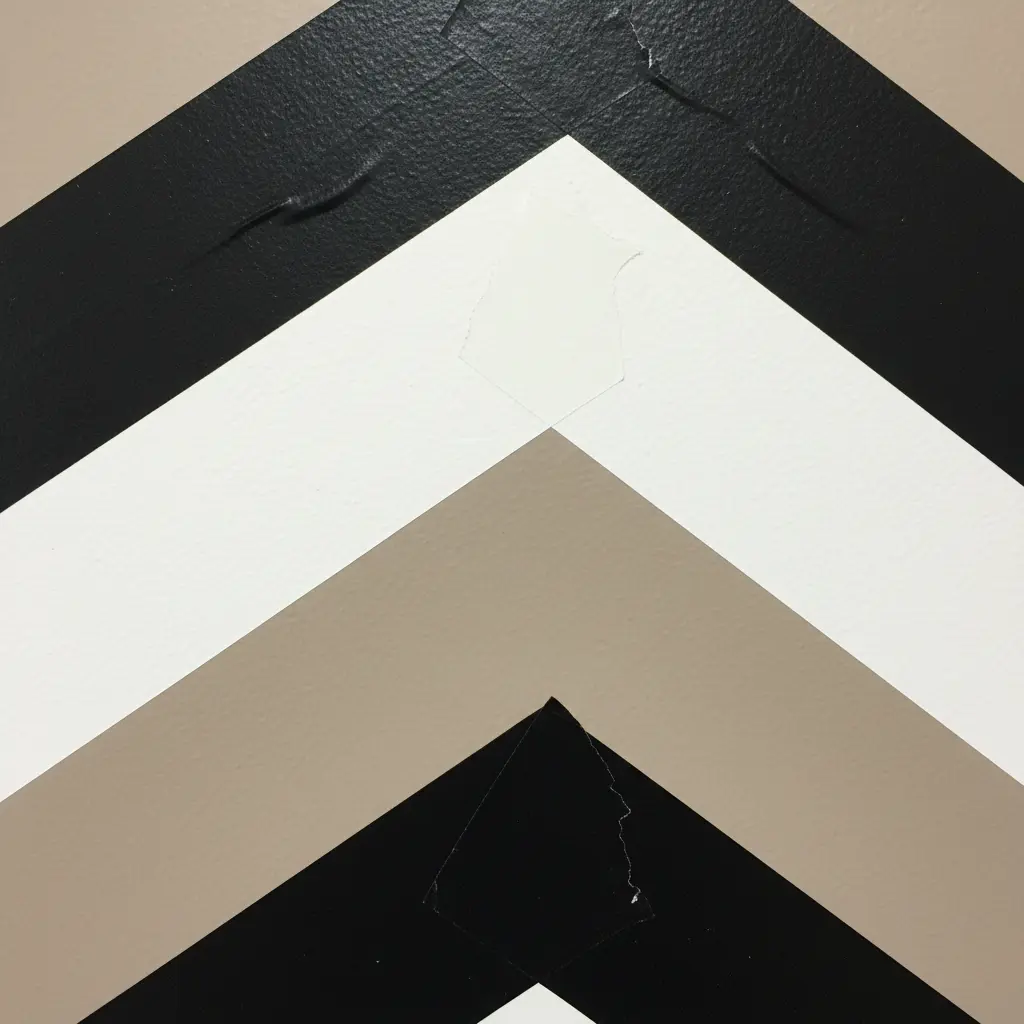 A bold, large-scale chevron stripe pattern in black tape across a wall, emphasizing directional movement.