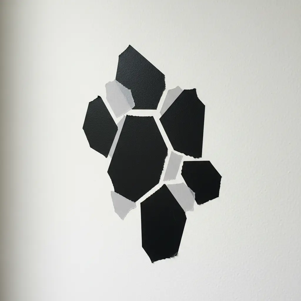 An abstract, asymmetrical polygon design made with black tape on a white wall, serving as a modern art piece.