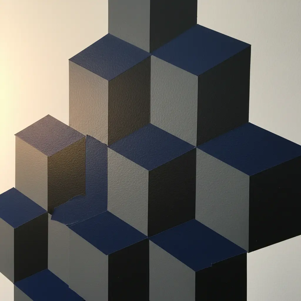 Black tape arranged to form a stack of cubes that appear three-dimensional, creating an optical illusion on the wall.