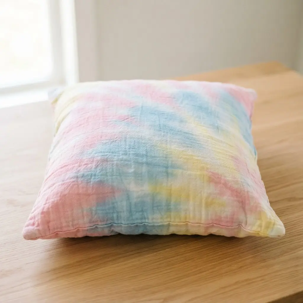 A white cotton pillow with blended pastel pink, blue, and yellow dyes creating a soft, textured watercolor effect.