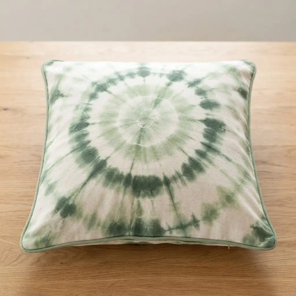 A cushion with concentric rings of light and dark sage green watercolor dye, creating a gentle ripple effect across the fabric.