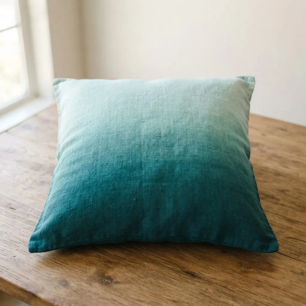 A linen pillow cover with a seamless watercolor ombre dye effect transitioning from pale aqua to deep ocean teal.
