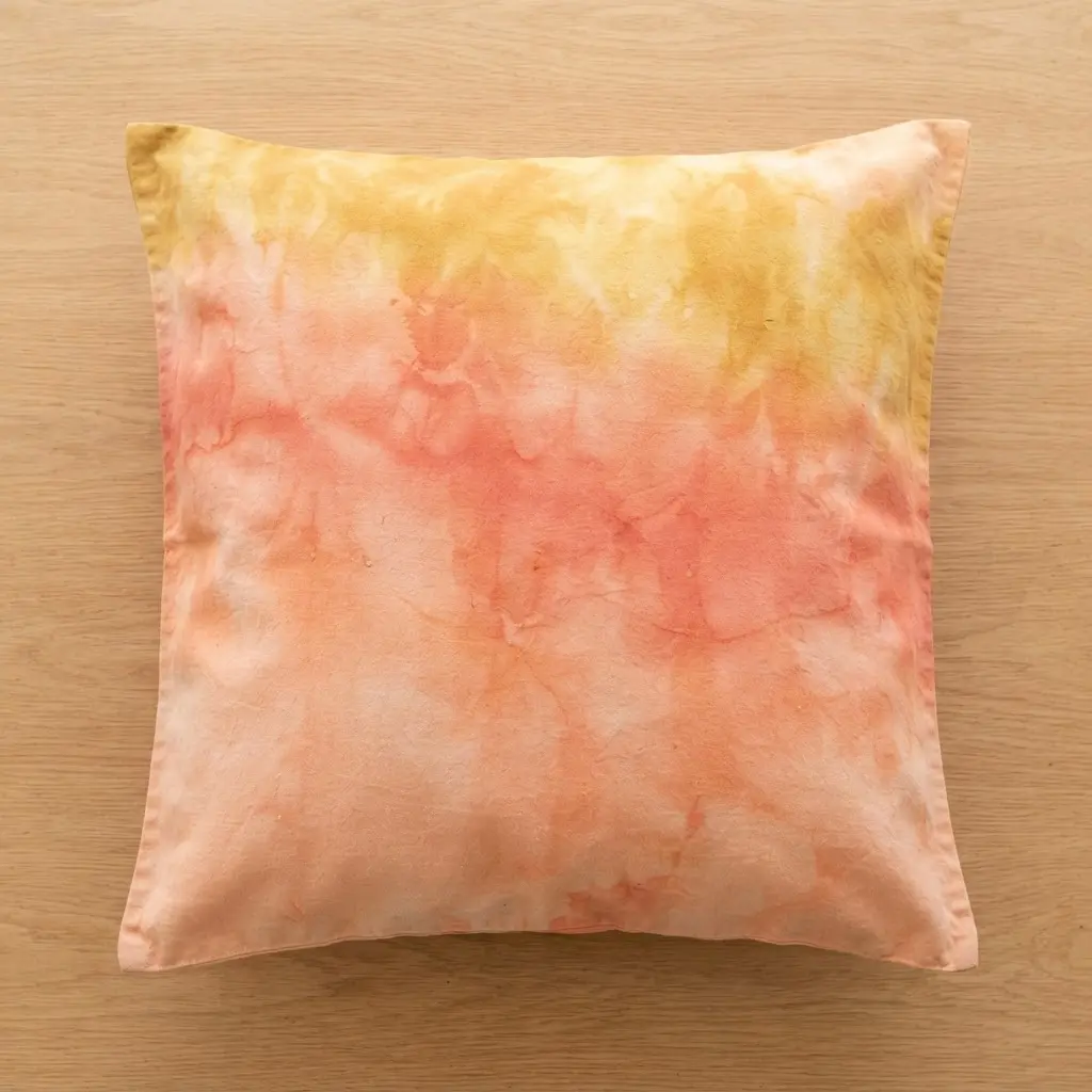 A large rectangular pillow cover displaying a watercolor gradient of soft peach, coral, and golden yellow dyes.
