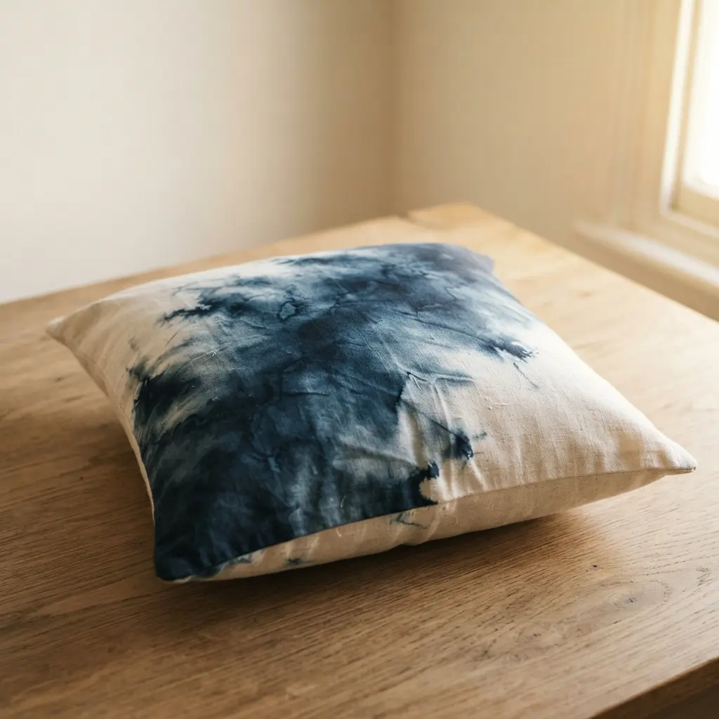 A white cushion with a dark indigo and navy blue watercolor dye pattern that mimics an abstract ink wash painting.
