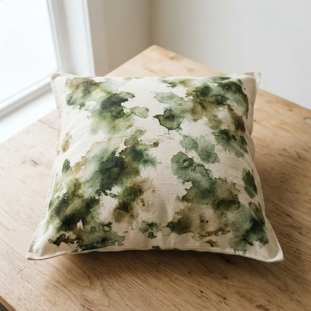 A square pillow with abstract, blotchy applications of olive green, sage, and mossy brown watercolor dyes.