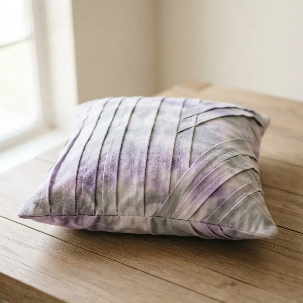 A pleated square cushion showing soft lavender and light grey watercolor dyes seeping along the folded fabric lines.
