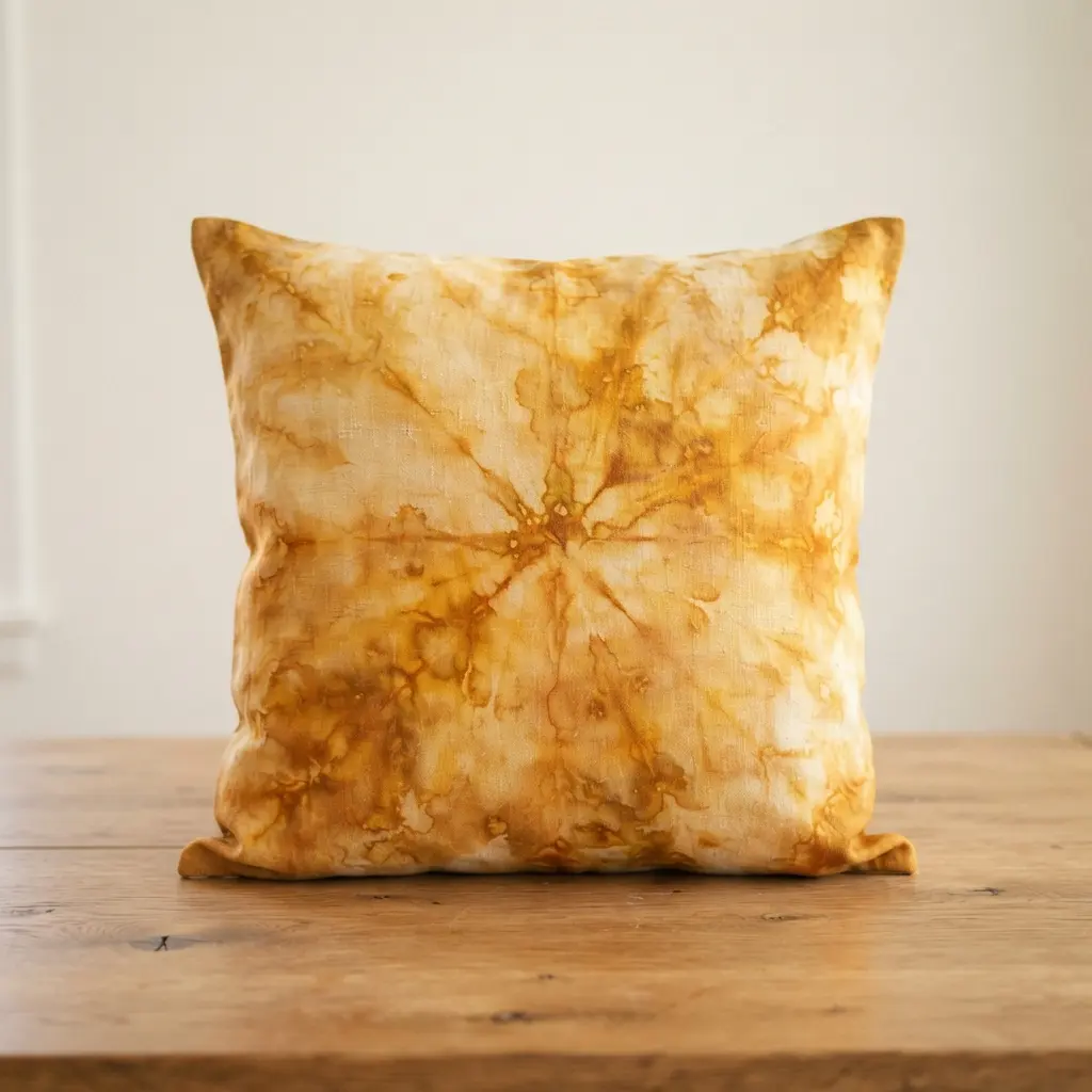 A pillow cover where rich golden ochre and amber dyes bleed into each other, creating a warm, luminous watercolor effect.