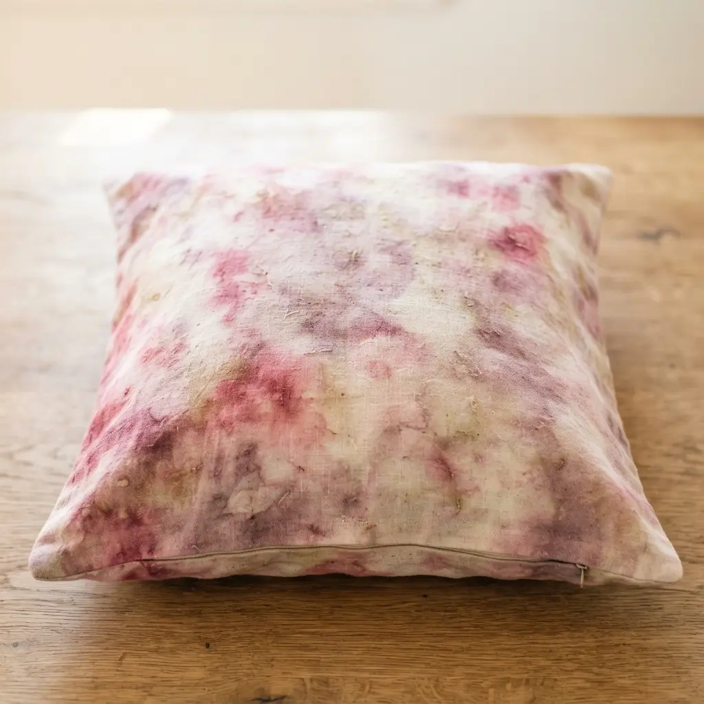 An abstract pattern on a pillow cover using diluted raspberry, pink, and mauve dyes to resemble a soft berry watercolor painting.
