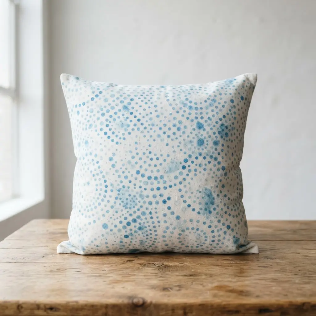 A light blue and white cotton pillow with a stippled watercolor dye technique creating a soft, dotted texture like a clear sky.