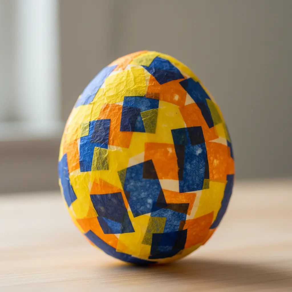 Paper mache egg covered in small overlapping squares of bright tissue paper, light shining through to create a mosaic pattern.