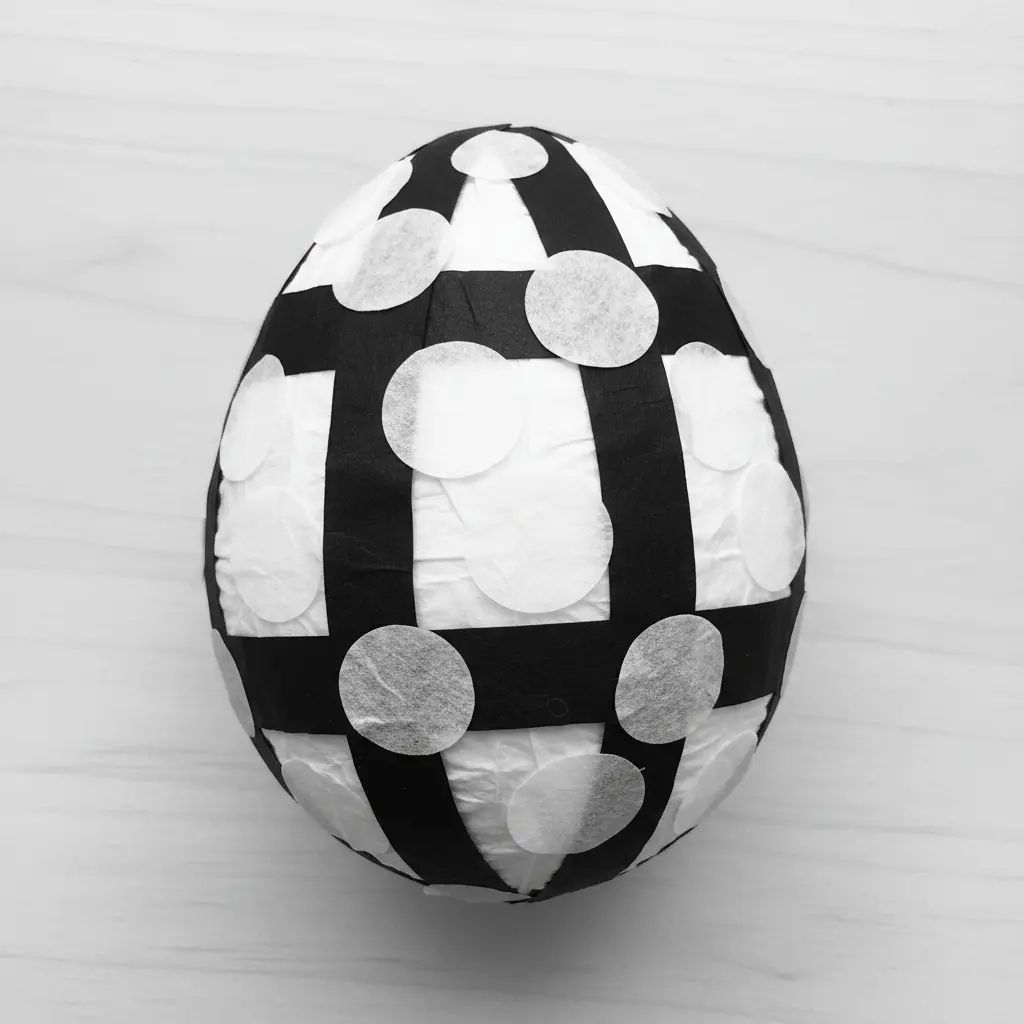 Crisp white egg surface decorated with angular black tissue paper stripes and circles in a clean, modernist pattern.