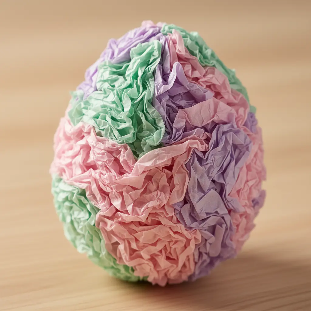 Styrofoam egg wrapped in crinkled light pink, mint, and lavender tissue paper pieces, creating a soft textured surface.