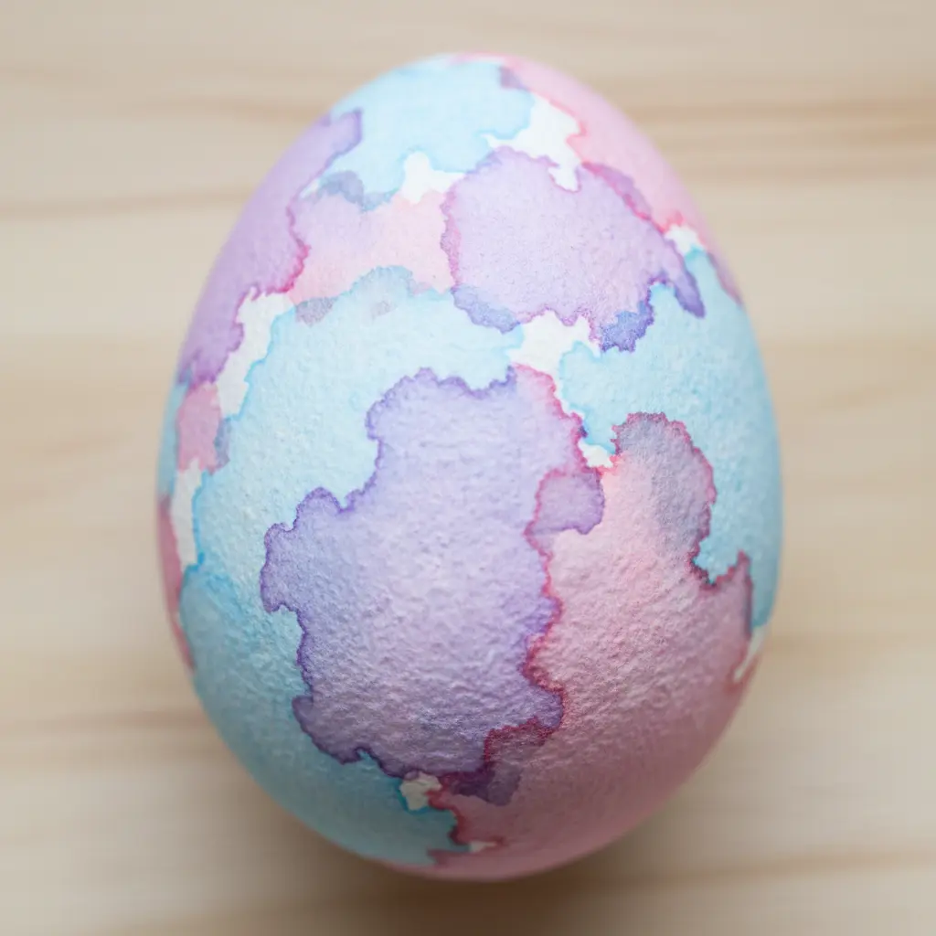 White ceramic egg with soft pools of blue, purple, and pink color where wet bleeding tissue paper transferred dye onto the shell.