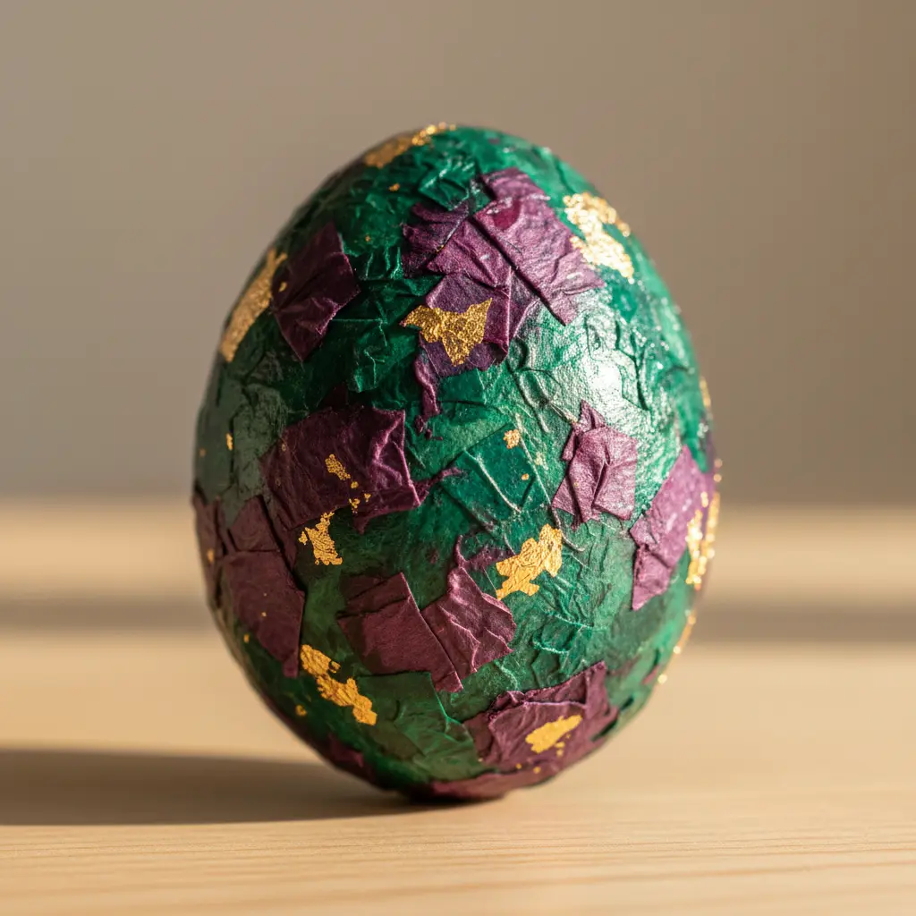 Deep jewel-toned tissue paper egg with tiny flecks of gold leaf adhered to the surface catching the light.