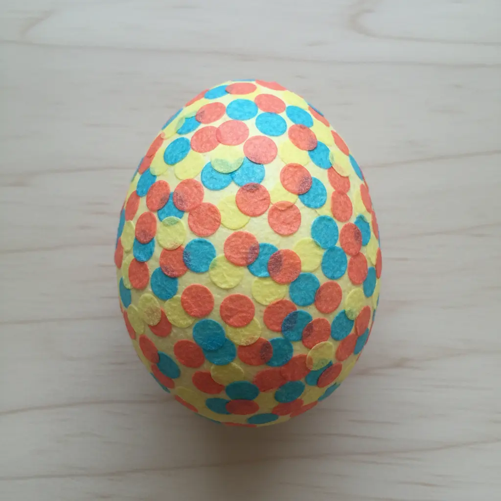 Pale yellow paper mache egg covered in evenly spaced, multi-colored circular tissue paper confetti dots.