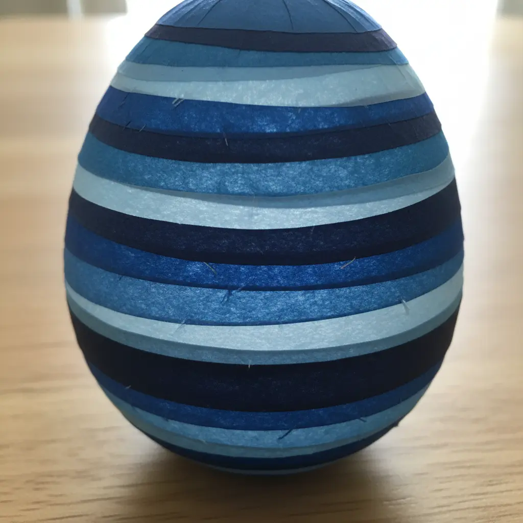 Egg wrapped horizontally in strips of tissue paper ranging from deep navy to pale sky blue, creating an ombre stripe effect.
