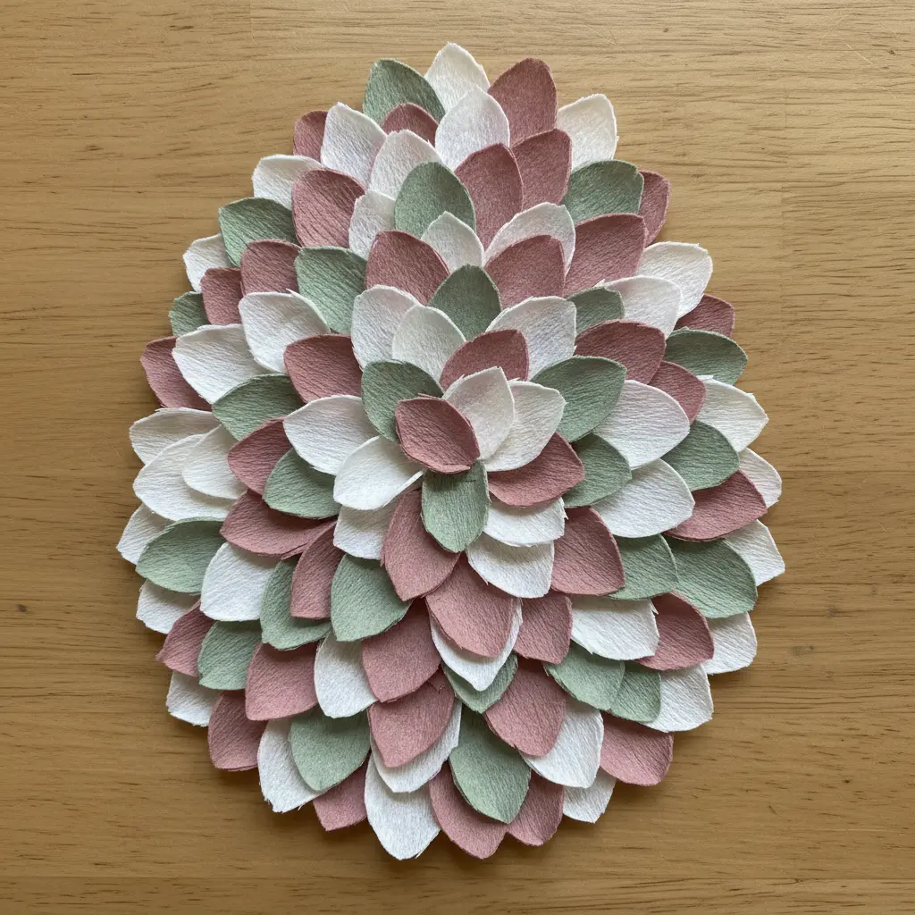 Decoupaged egg layered with tiny pink and white petal shapes and soft green leaf cutouts, forming a dense floral pattern.