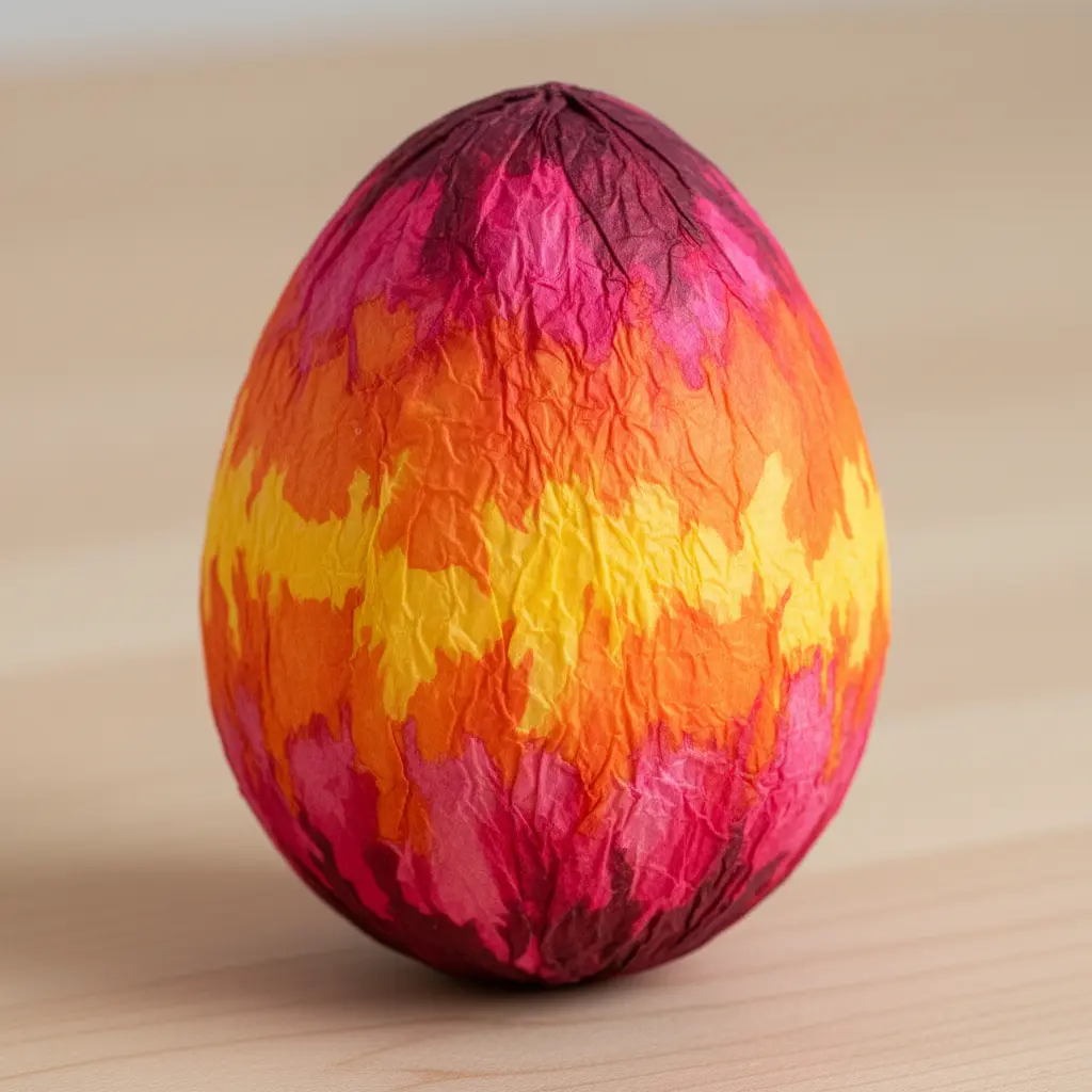 Egg with horizontal bands of magenta, tangerine, and bright yellow tissue paper fading together like a sunset over water.