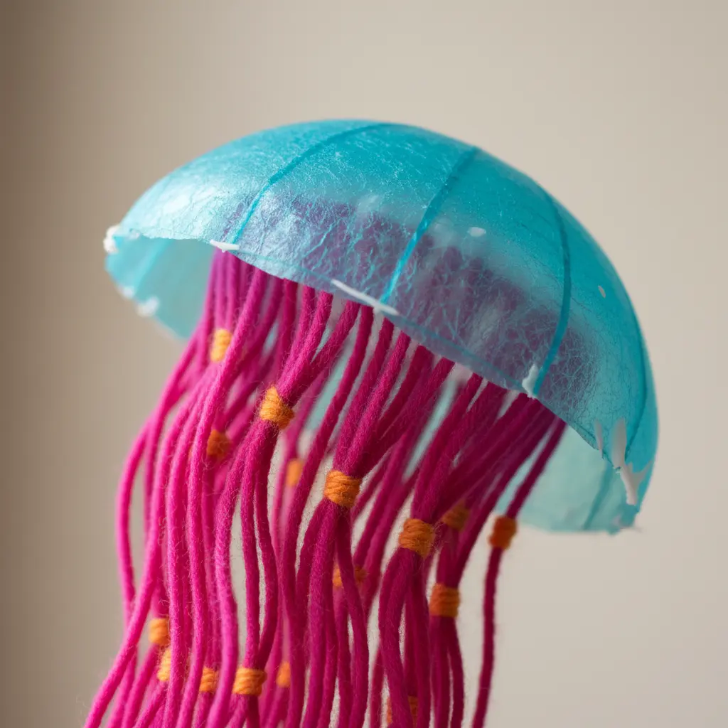 A bright paper plate jellyfish with multiple strands of colorful yarn hanging down as tentacles.