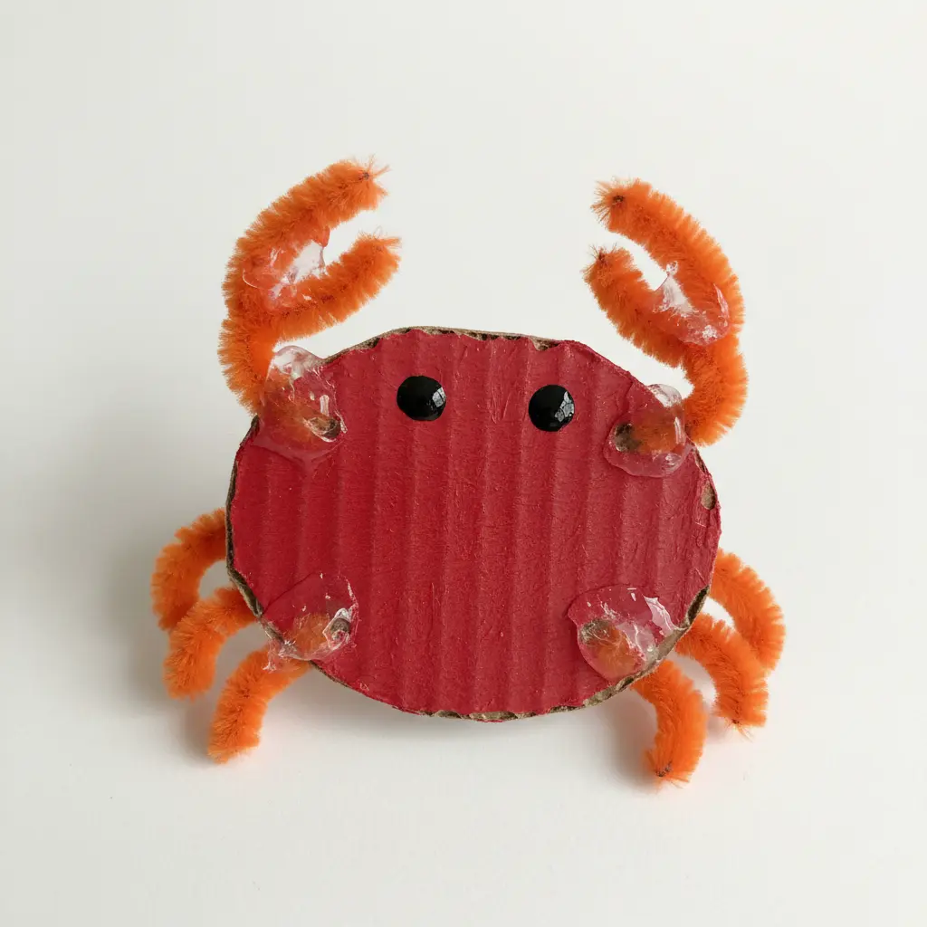 A red painted crab body made from cardboard or paper, with two bent orange pipe cleaners forming its claws.