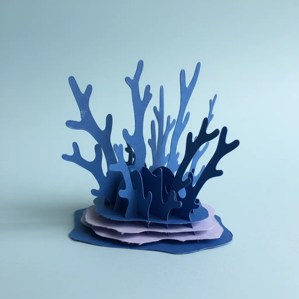 A section of textured coral reef created by cutting and folding a single sheet of blue cardstock into pop-up shapes.