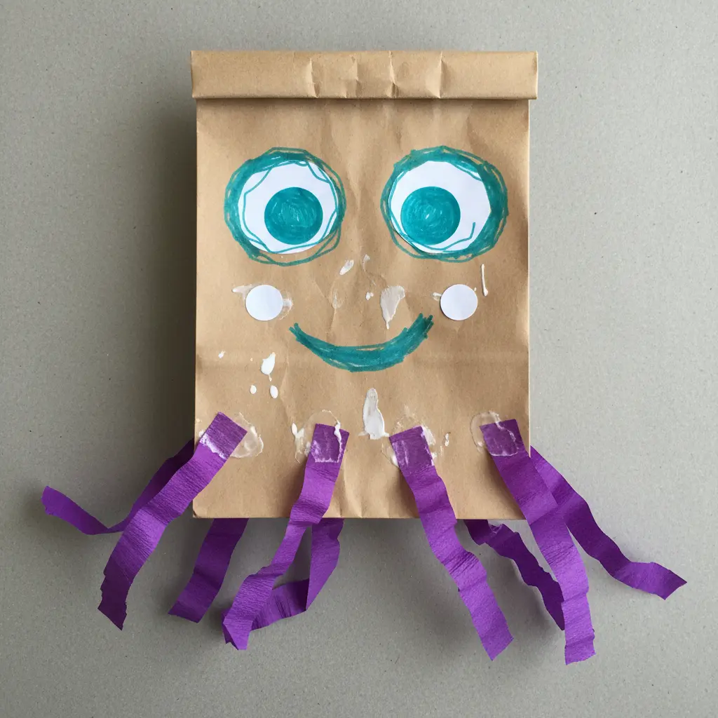 A simple brown paper lunch bag decorated as an octopus, with eight crepe paper or yarn tentacles attached at the bottom.