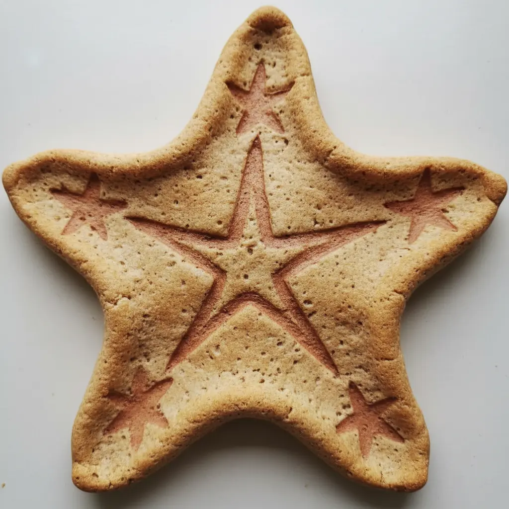 A beige, baked salt dough starfish shape with textured patterns pressed into its surface before drying.